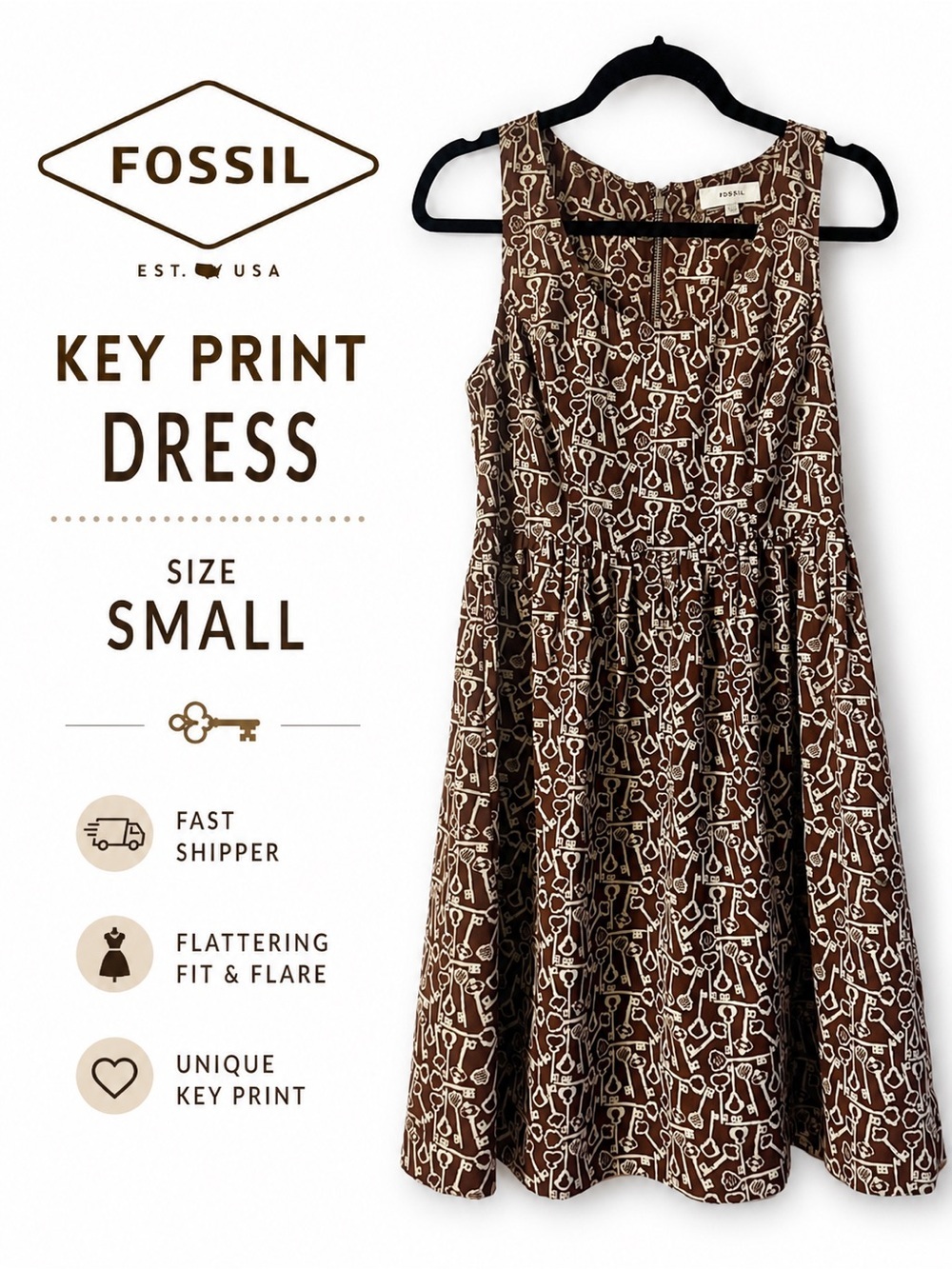 Fossil Key Print Sleeveless Fit & Flare Dress Brown Cream Size Small